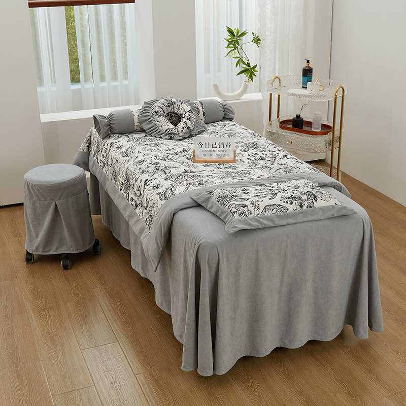 若比邻轻奢美容床罩四件套美容院按摩床罩四季法式黑色小香风床套