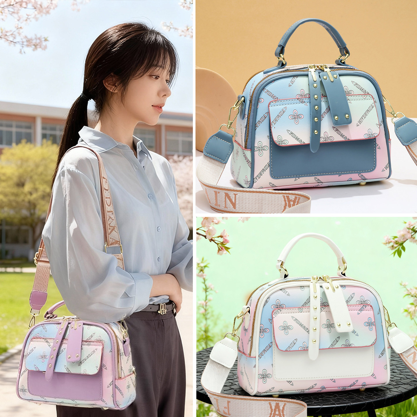 甜美撞色小方包女2025新款大容量单肩斜挎手提包少女女童斜挎包