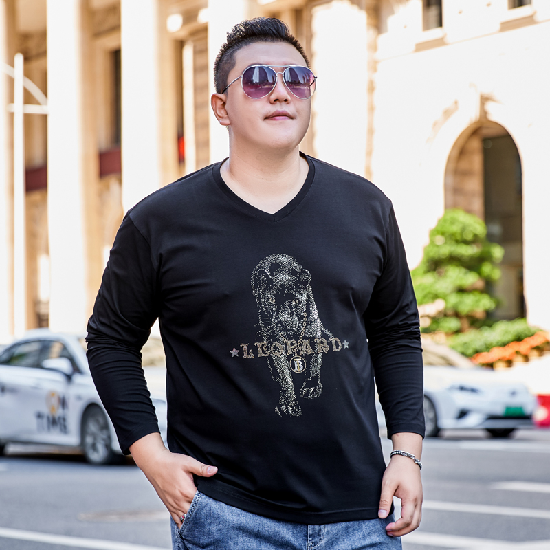 胖子男装加肥加大宽松v领上衣秋季肥佬特大码休闲中年长袖t恤衫潮