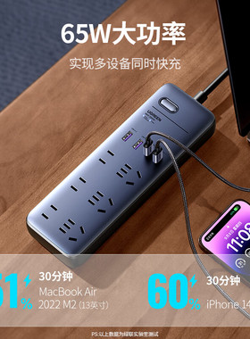 [防雷-氮化镓]绿联65W多功能插排15969十合一线长1.8米