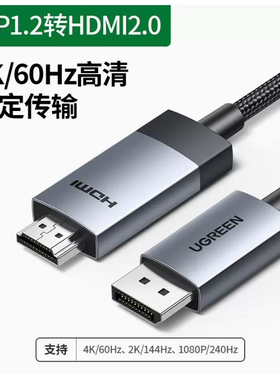绿联15574 DP公对HDMI公视频线1米/1.5米4K/60HZ=DP119   编织线