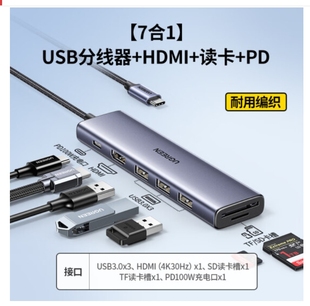 绿联25041Type 3USB pd读卡七合一4KCM511 C拓展坞转hdmi