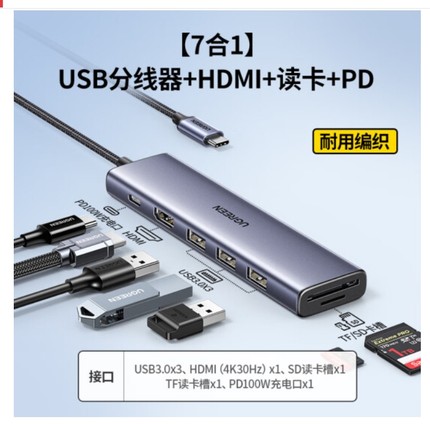 绿联25041Type-C拓展坞转hdmi+3USB+sd+tf+pd读卡七合一4KCM511
