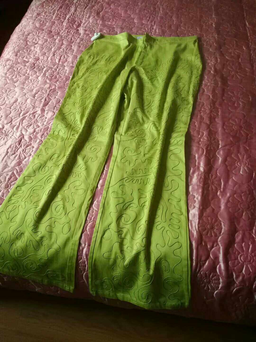 孤品赔钱不退换欧美大码外贸腰围90立体刺绣直筒绿色纯棉修身长裤