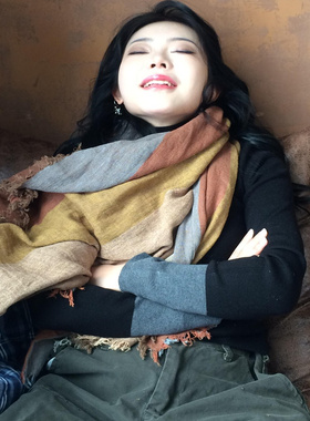 县城文学拼色亚麻围巾秋冬女围脖