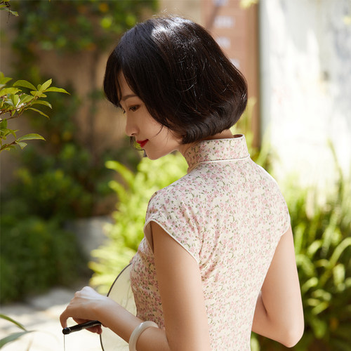 淑女日常半开襟小碎花旗袍清新