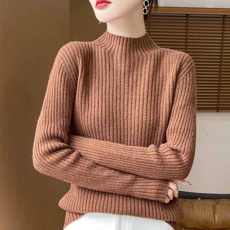 100%纯羊毛衫女抽条加厚毛衣半高领针织衫打底衫秋冬新款高档上衣