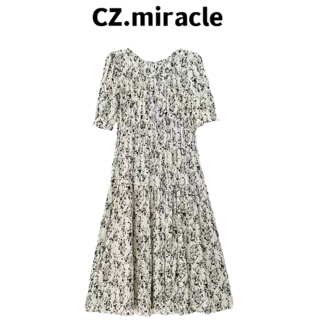 【瘦人勿入】天丝褶皱打揽收腰花边花朵短袖连衣裙JZ-5588