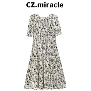 【瘦人勿入】天丝褶皱打揽收腰花边花朵短袖连衣裙JZ-5588