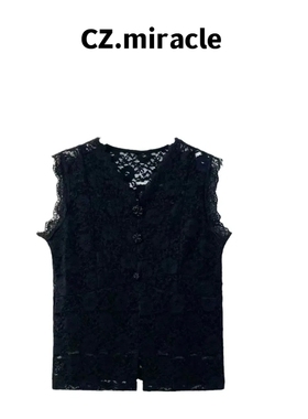 【山茶女神】水溶蕾丝花朵花边镂空V领纽扣直线马甲背心JZ-08608