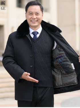 爸爸冬装外套活里活面内胆尼克服60岁中老年男装可卸毛领棉衣加厚