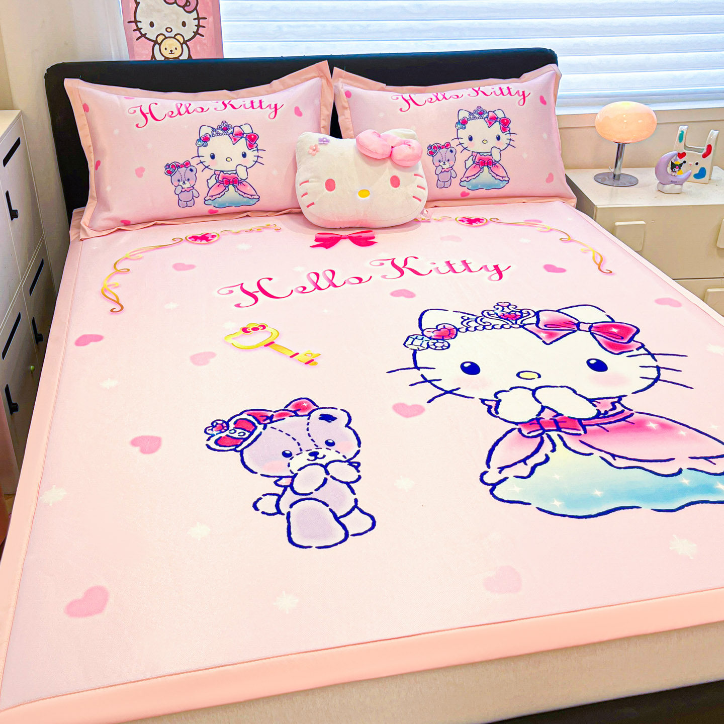 HelloKitty冰丝席夏天凉席空调席子0.9m宿舍女孩粉色凯蒂猫美乐蒂