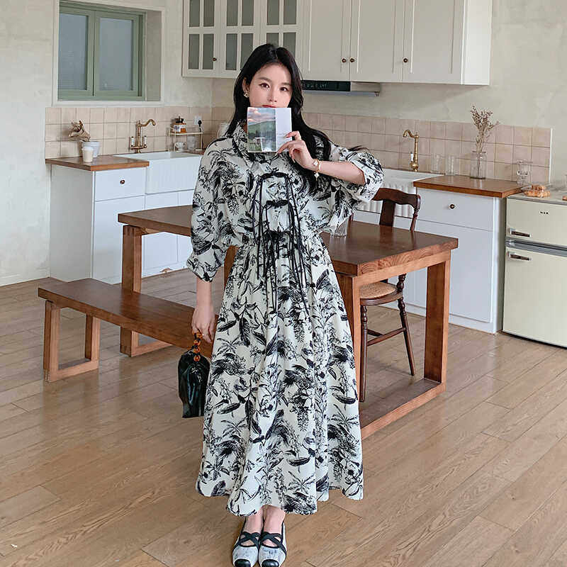 新中式国风水墨印花连衣裙女2025春秋季新款宽松显瘦复古茶歇长裙,女装连衣裙,Mushroom