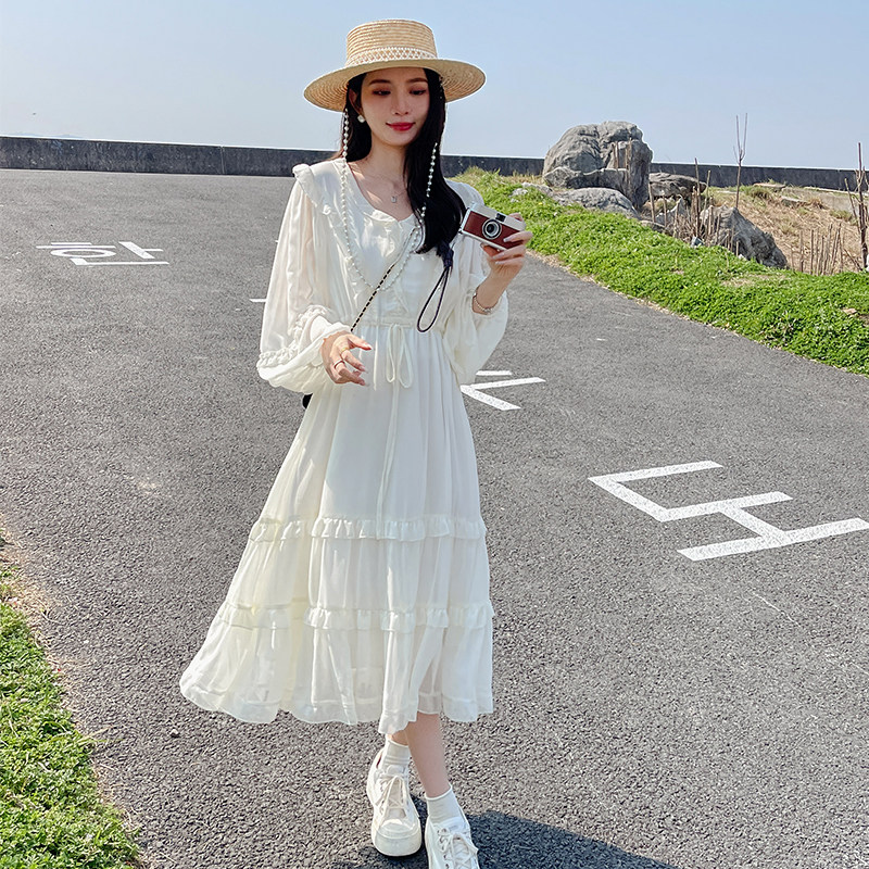 法式粉色V领长袖连衣裙女春夏2025年新款温柔风仙气超仙森系长裙,女装连衣裙,Mushroom