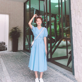 宽松慵懒风蓝色方领泡泡袖连衣裙女夏2025新款日系休闲松弛感长裙，女装连衣裙，Mushroom