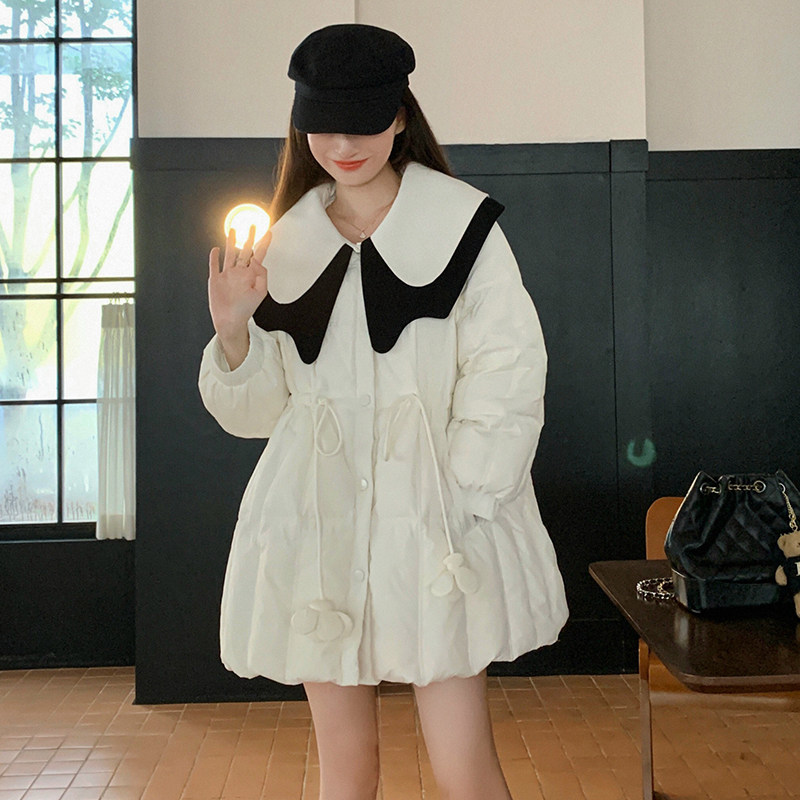 韩版学院风娃娃领羽绒服女2025冬季新款收腰显瘦轻薄款白鸭绒上衣，女装羽绒服，Mushroom