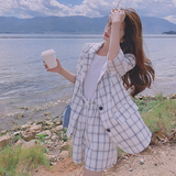 2022夏季白色格子单排扣贴标西装套装280-2230p110k168，女装西装，Mushroom