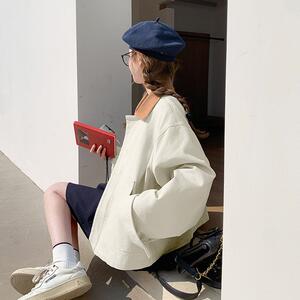 撞色翻领韩系短款工装蓝色外套女春秋独特漂亮巨好看轻熟夹克上衣图片