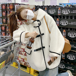ins连帽羊羔毛外套女2024冬季新款韩版宽松皮毛一体牛角扣棉服潮