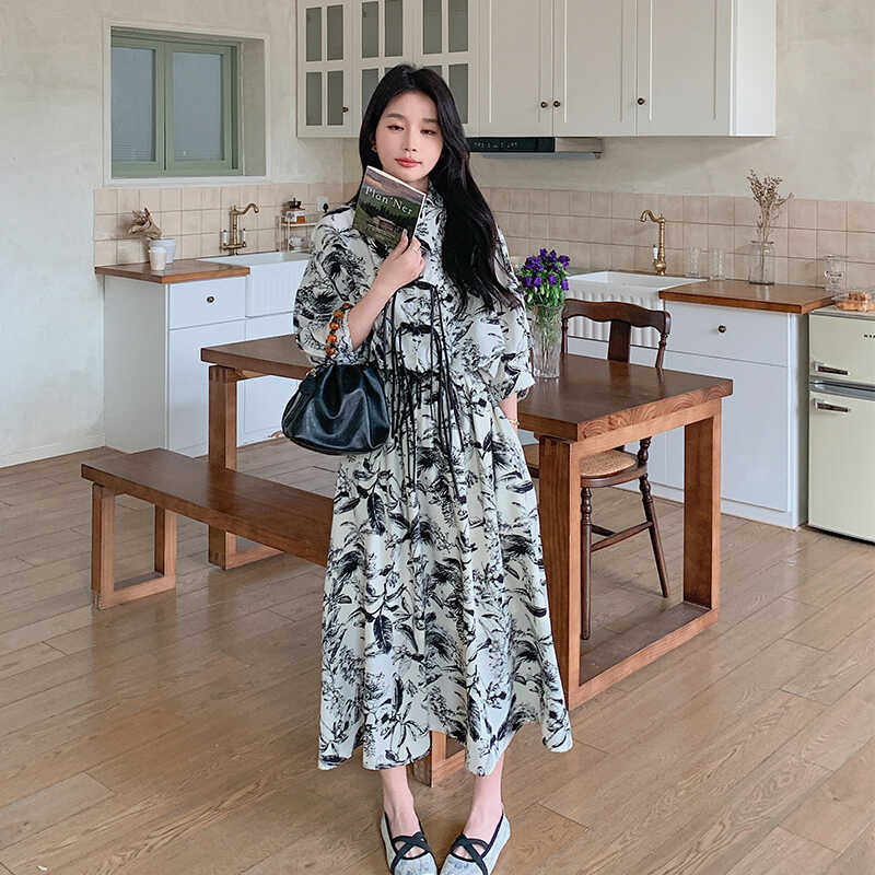 新中式国风水墨印花连衣裙女2025春秋季新款宽松显瘦复古茶歇长裙,女装连衣裙,Mushroom