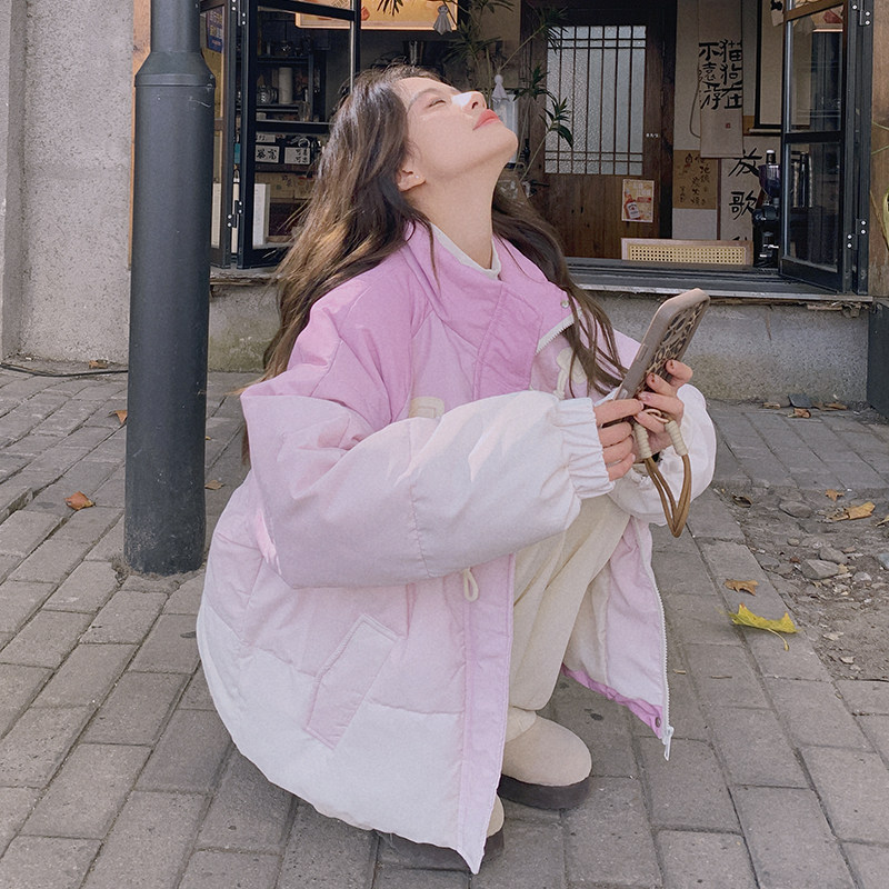 渐变粉紫色牛角扣羽绒棉服女冬季短款学院风甜美风小个子爆款棉衣,女装棉衣/棉服,Mushroom