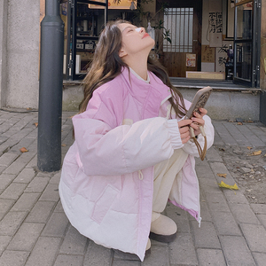 渐变粉紫色牛角扣羽绒棉服女冬季短款学院风甜美风小个子爆款棉衣图片
