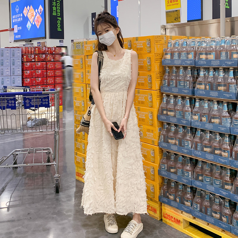 白色连衣裙夏长款到脚踝裙子收腰性感名媛雪纺无袖流苏仙女裙长裙，女装连衣裙，Mushroom
