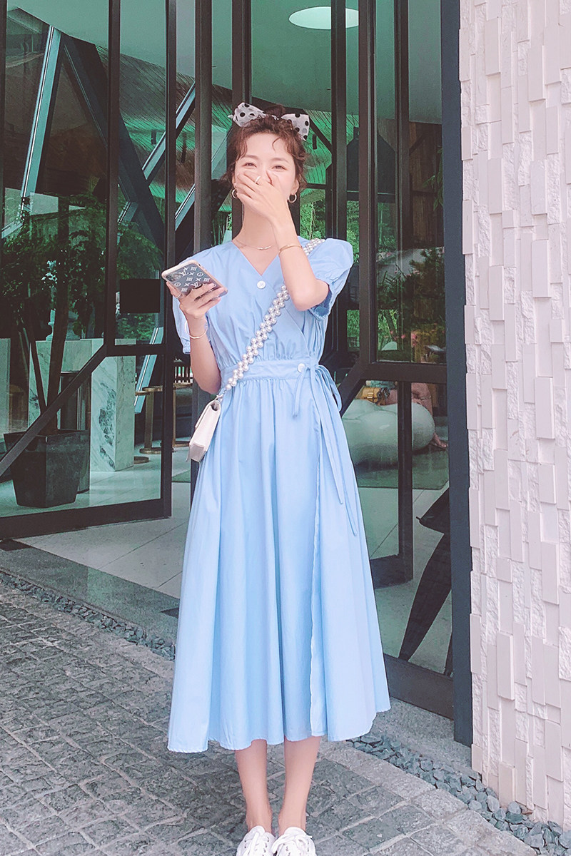 宽松慵懒风蓝色方领泡泡袖连衣裙女夏2025新款日系休闲松弛感长裙,女装连衣裙,Mushroom
