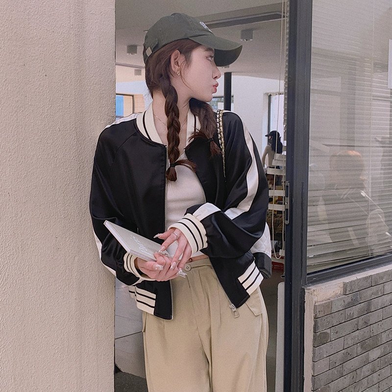 【出货中网红款】缎面拼色BF风棒球服外套短款2305P135K188,女装短外套,Mushroom