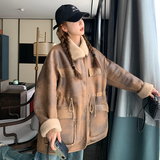 美拉德咖色短款皮毛一体外套女秋冬季超火好看加绒加厚羊羔毛夹克，女装短外套，Mushroom