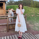 法式气质小香风白色泡泡袖连衣裙女夏季2025新款小个子收腰长裙子，女装连衣裙，Mushroom