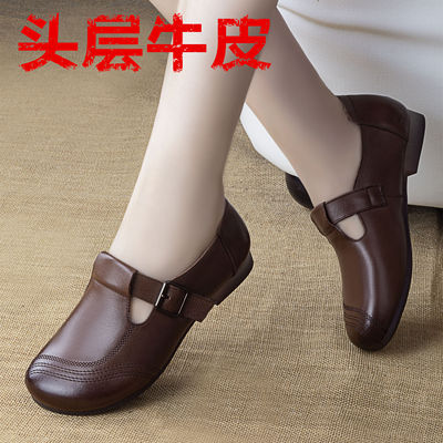 厂家直销头层牛皮平底软底妈妈鞋