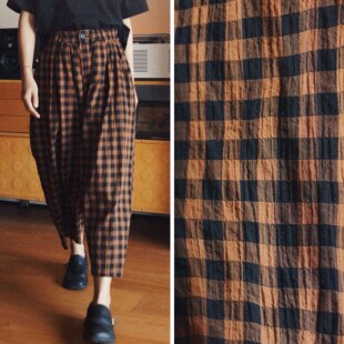 松紧腰围 中性百搭 咖啡棕三色格棉面料 大廓形灯笼裤 时舟