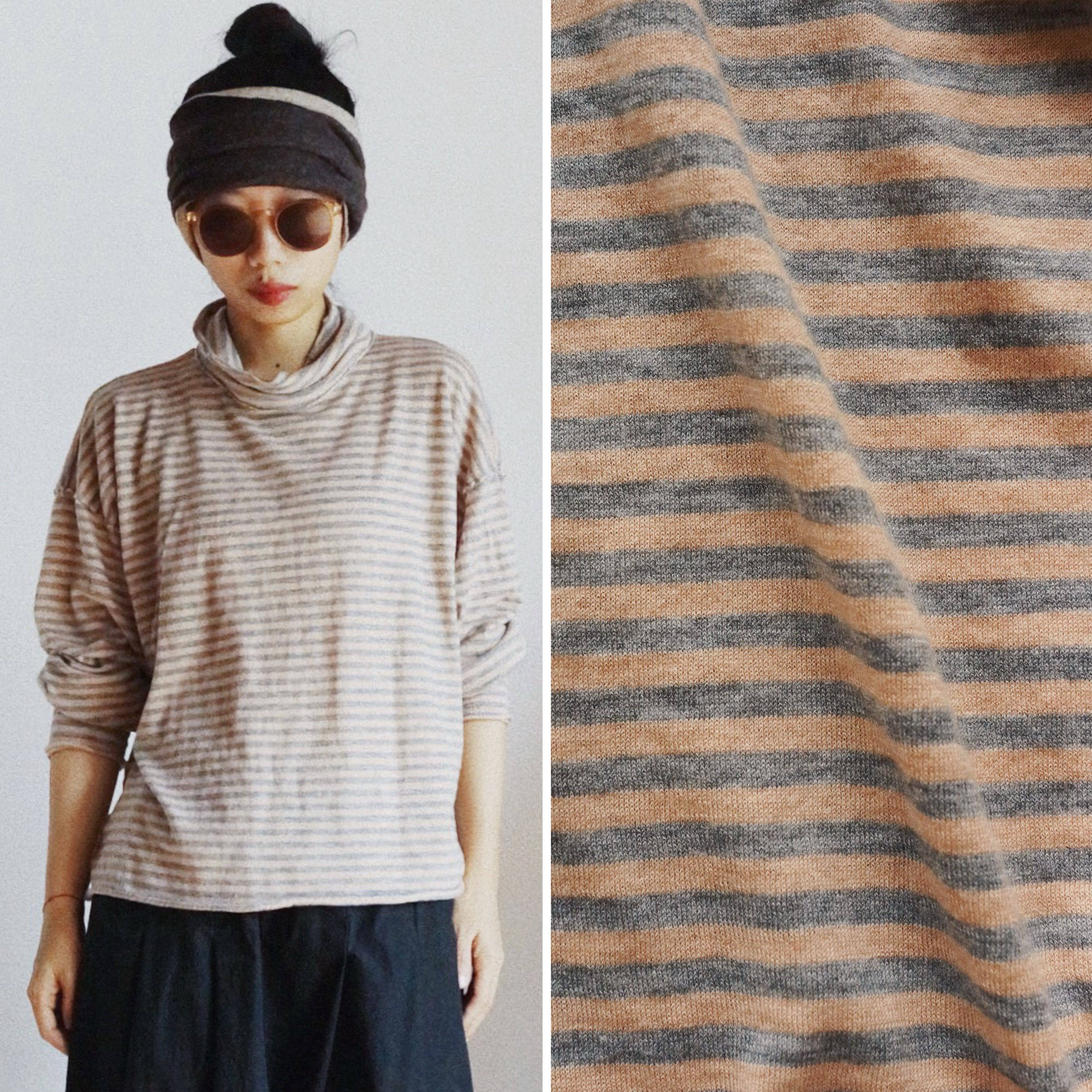 【时舟】灰杏条纹羊绒羊毛针织软糯面料 粗裁边高领卷边内搭上衣