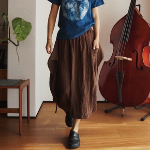 【时舟】棕色褶皱肌理棉麻 超舒适弹性款 百搭系绳可变化半身裙