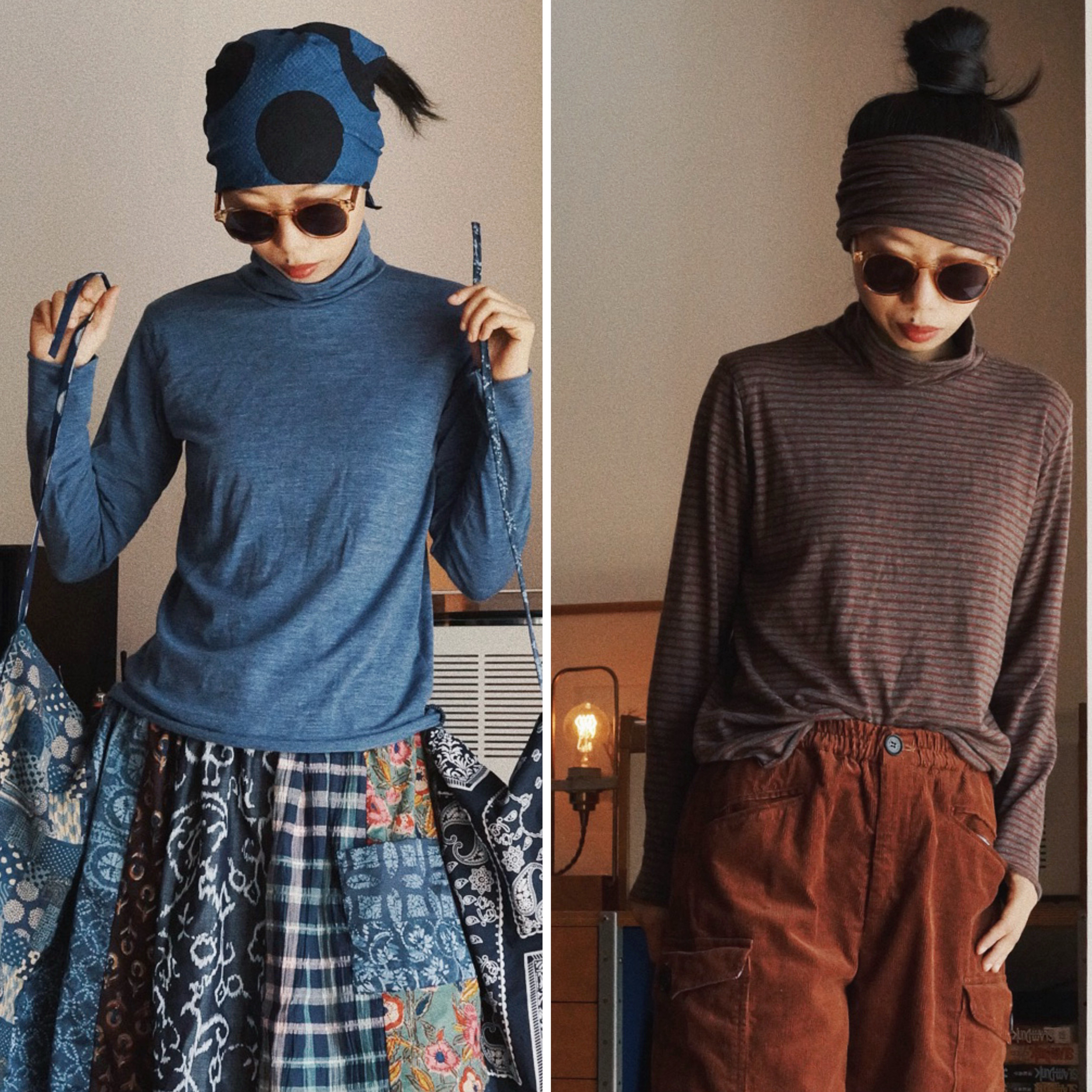 蓝色和红咖条纹羊毛半高领针织衫