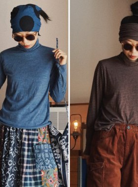 【时舟】蓝色和红咖条纹羊毛面料 卷边款 冬季内搭半高领针织衫