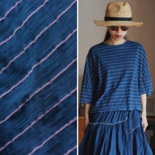 【时舟】紫条纹 植物蓝染indigo 成品环保蓝靛染 夏日宽松中性T恤