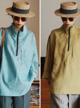 【时舟】意大利橄榄褐黄色砂洗亚麻 秋季中性廓形长袖拉链款罩衣