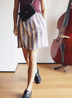 【时舟】意大利产红蓝条纹薄棉麻 毛边款 夏季双兜短裙