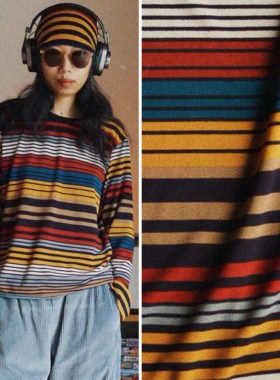 【时舟】复古彩色横条纹 弹力针织面料 春季透气卷边T恤