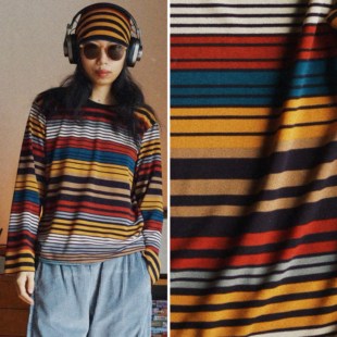 【时舟】复古彩色横条纹 弹力针织面料 春季透气卷边T恤