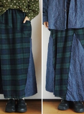 【时舟】可变化的绿格薄羊毛长裙 拼布设计 百搭秋冬保暖半身裙