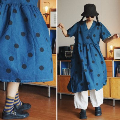 波点indigo蓝染夏季长款连衣裙
