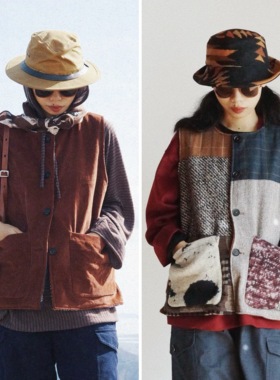 【时舟】双面穿进口羊毛呢 手工拼布制作 焦糖灯芯绒冬季保暖马甲