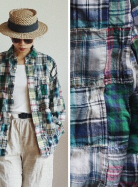 【时舟】patchwork 进口彩色格子纯棉拼布 马德拉斯格纹长袖衬衣