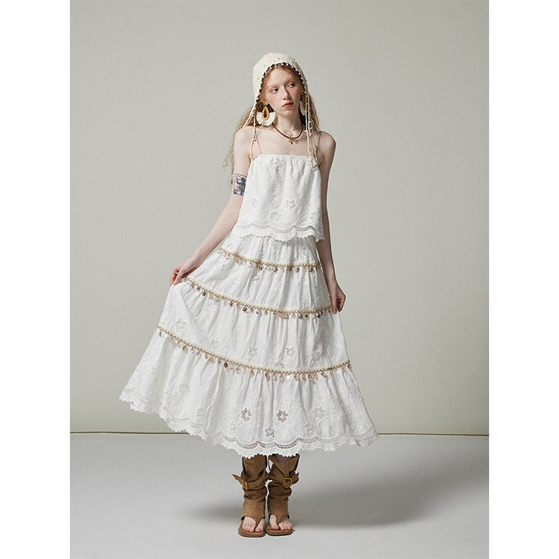 猫酱紫 吊带海边度假套装流苏贝壳设计感海星镂空两件套