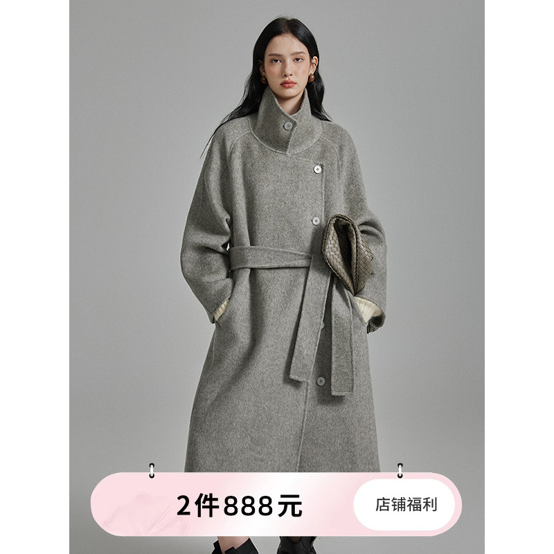 猫酱紫高级感纯色质感双面呢大衣女秋冬老钱风长款宽松毛呢外套