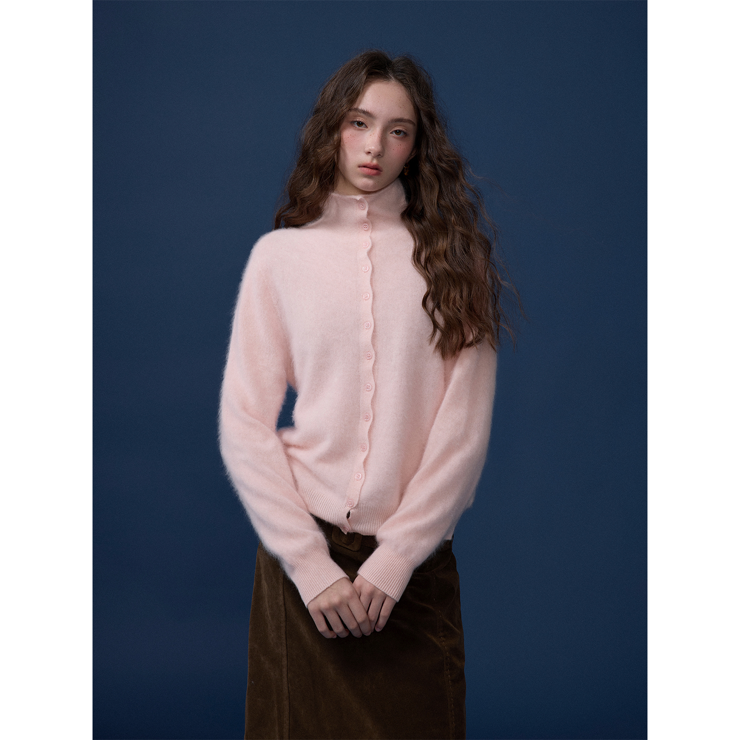 猫酱紫 堆堆领山羊绒绵羊毛混纺针织开衫女百搭高领长袖毛衣