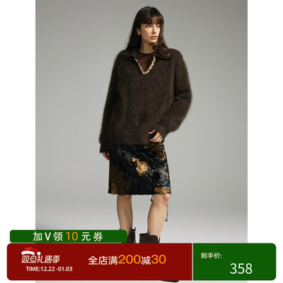 猫酱紫全羊毛设计感半拉链连帽毛衣/钉珠拉毛毛衣